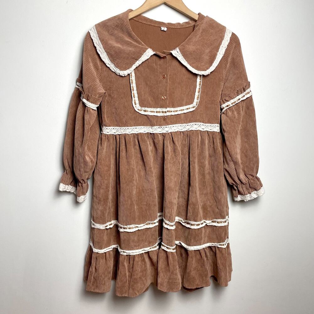 Lace Trim Corduroy Tiered Dress Small Brown Cottagecore Prairie Romantic